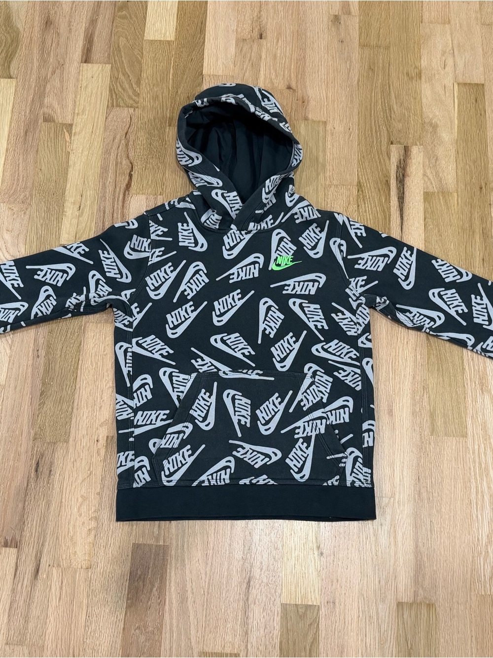 Nike Kids All Over Logo Swoosh Pullover Hoodie Black Gray Size M